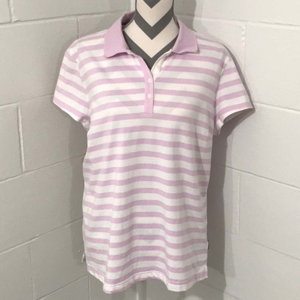 ADIDAS WOMEN’S LAVENDER & WHITE STRIPED GOLF POLO